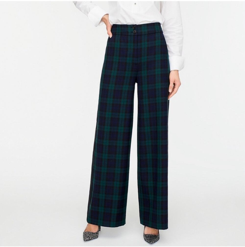 J.Crew Pants Women 12 Green Frankie Black Watch Plaid Wool Wide Leg Satin Stripe